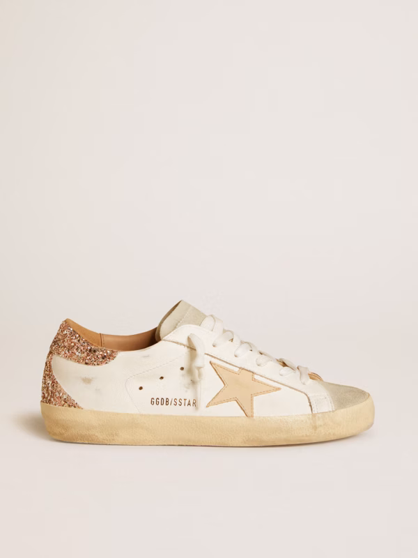 Women's Super-Star with nude leather star and gold glitter heel counter
