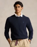 Cotton pique crew neck sweater - Navy marl
