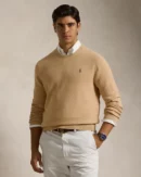 Cotton pique crew neck sweater - Camel blend