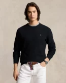 Cotton pique crew neck sweater - Black Polo/Tone on tone