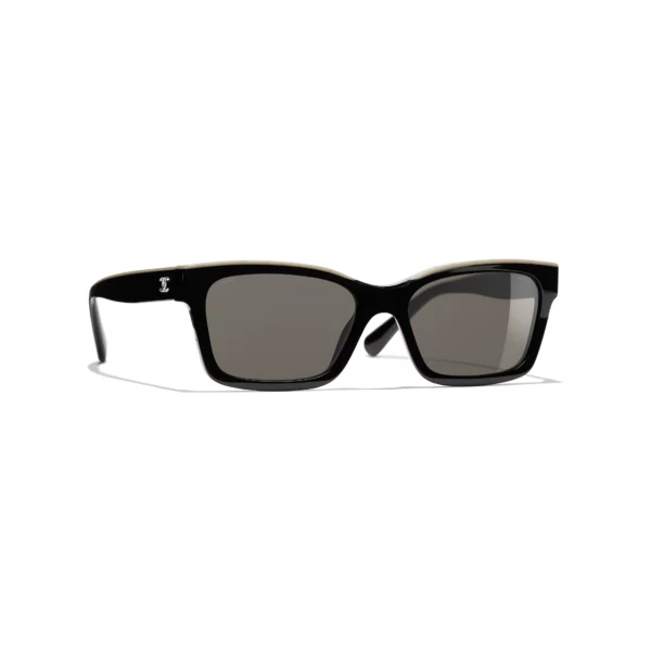 Channel Square Sunglasses - Black & Beige. Lenses: Brown